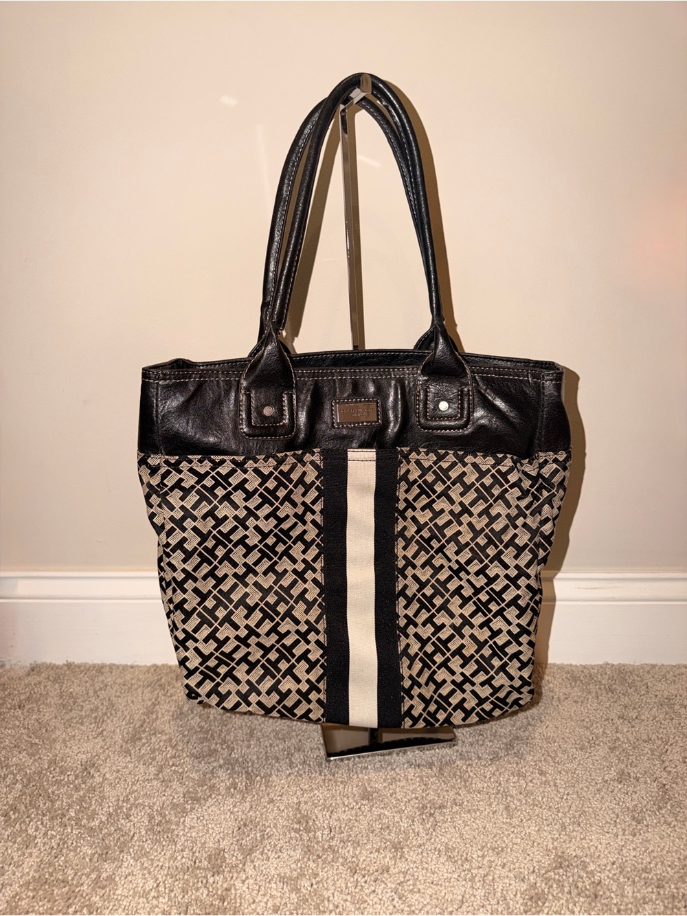 Tommy Hilfiger Black & Cream Patterned Tote